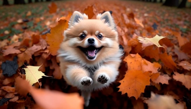 Leuke Pommeren hond spelen in een stapel herfstbladeren