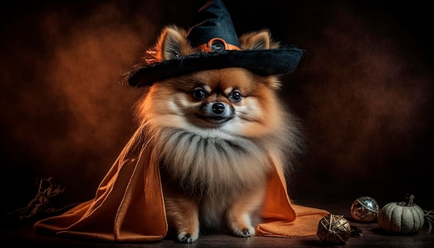Leuke Pommeren hond verkleed als heks voor Halloween