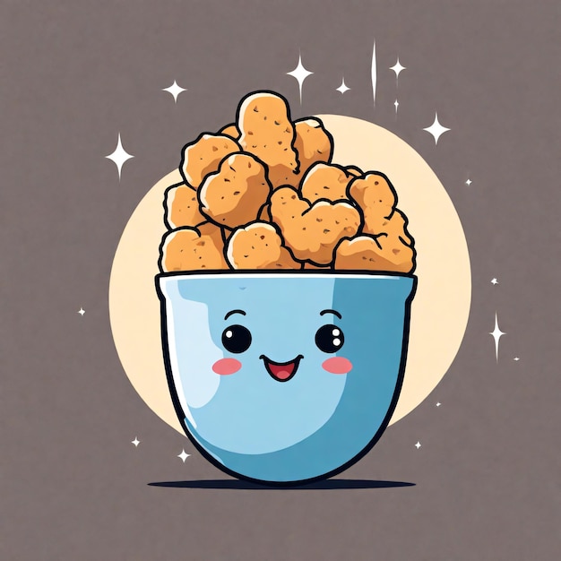 Foto leuke popcorn uit een tekenfilm in een blauwe schaal. vectorillustratie van een snack.