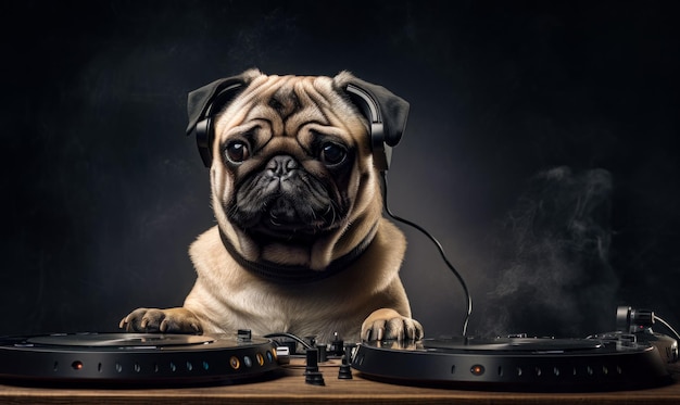 Leuke pug dj die disco moderne muziek speelt Schattig hondje in koptelefoon met poten op de geluidsmixer Generatieve AI