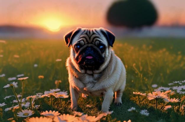 Leuke pug op groen gazon met madeliefjes bij zonsondergang Zoete gerimpelde hond op wandeling op groen gras met wilde bloemen chamomiles Generatieve AI