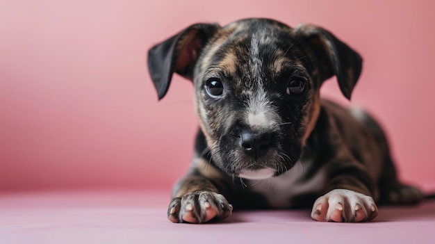 Leuke puppy banner met kopieerruimte kleine huisdierenhond die op een roze achtergrond ligt en naar de camera kijkt