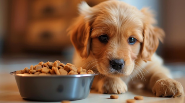 Leuke puppy bij een kom met droog voedsel op een houten vloer voor huisdieren