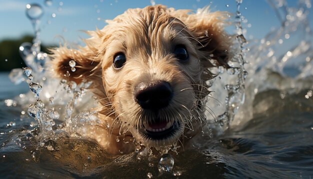 Leuke puppy die in water speelt met natte vacht vrolijk en speels gegenereerd door AI