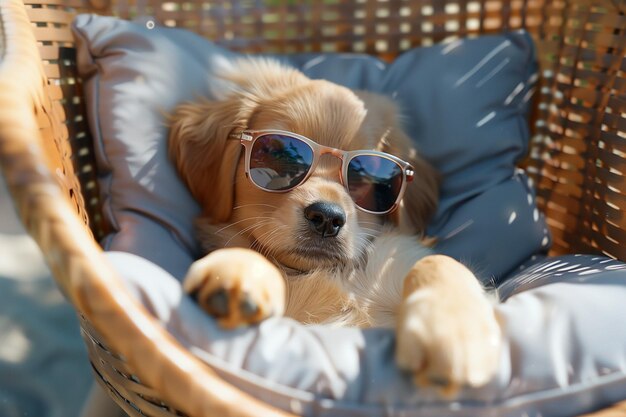 Foto leuke puppy draagt een zonnebril en rust in een rieten stoel.