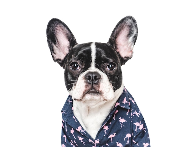 Foto leuke puppy en stijlvol shirt geïsoleerde achtergrond