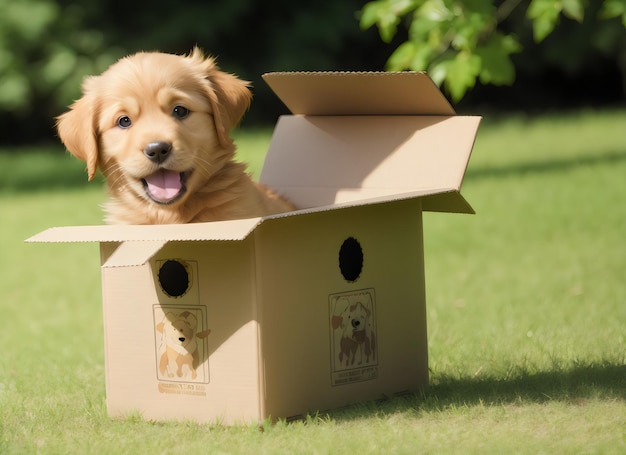 Leuke puppy golden retriever die in een kartonnen doos staat op groene natuur.