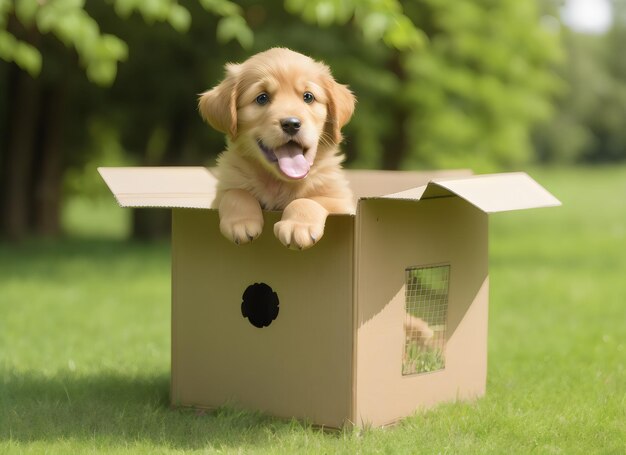 Leuke puppy golden retriever die in een kartonnen doos staat op groene natuur.