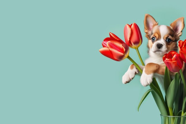 Foto leuke puppy hond met tulpenbloemen op munt achtergrond vakantie concept