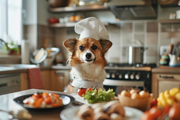 Leuke puppy in een chefhoed die vegetarische maaltijden voorbereidt keukenbank chefs POV culinaire avontuur foto Prime Lenses