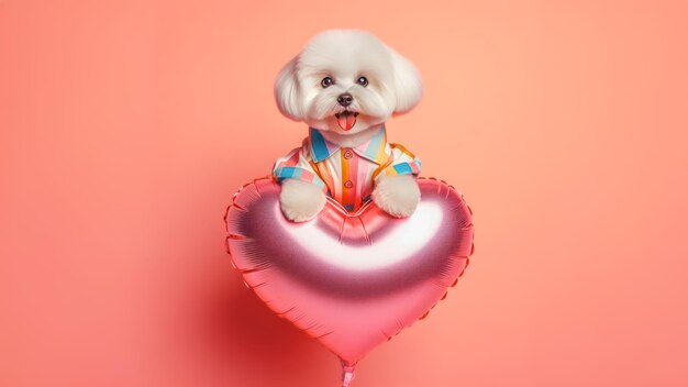 Leuke puppy met een hartballon op een geïsoleerde achtergrond Valentijnsdagconcept