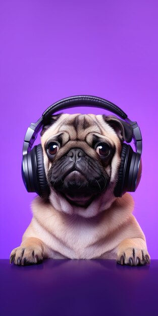 Leuke puppy met koptelefoon die naar muziek luistert op een paarse achtergrond
