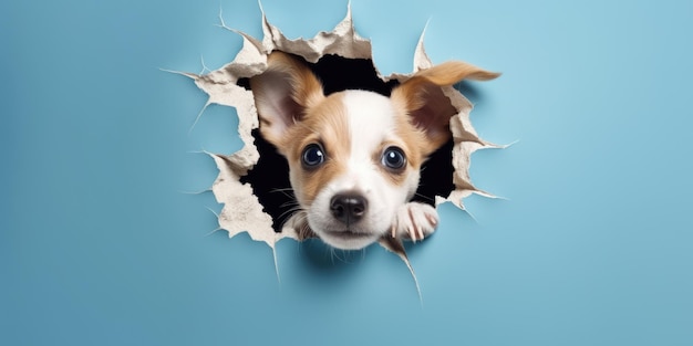 Leuke puppy peekend uit een gat in de muur gescheurde gat lege kopie ruimte frame mockup Generatieve AI beeld weber