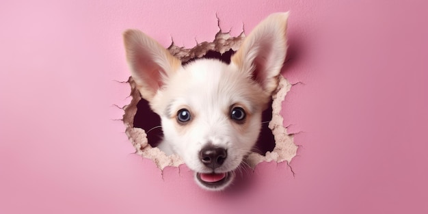 Leuke puppy peekend uit een gat in de muur gescheurde gat lege kopie ruimte frame mockup Generatieve AI beeld weber