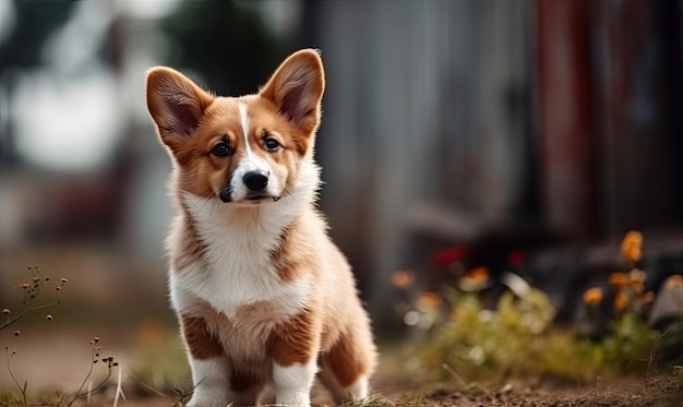 Leuke puppy Pembroke Welsh Corgi met één oor die buiten staat in een zomerpark generatieve AI