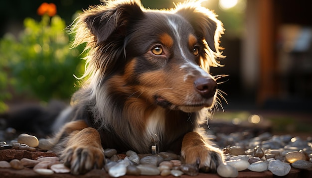 Foto leuke puppy zit buiten en kijkt naar de camera die speelt op gras gegenereerd door ai