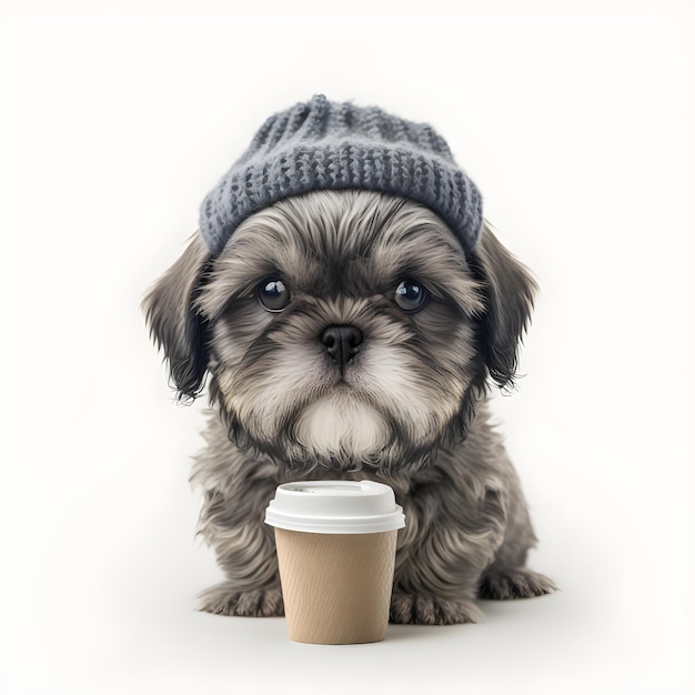 Leuke puppyhond die een gebreide wollen muts draagt die een kop koffie illustartion vasthoudt
