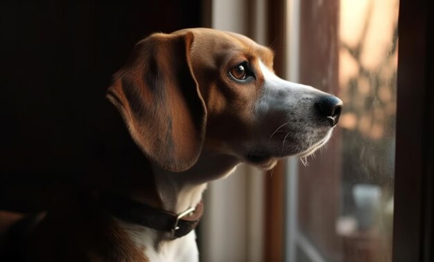 Leuke rasechte beagle puppy zittend bij het raam gegenereerd door AI