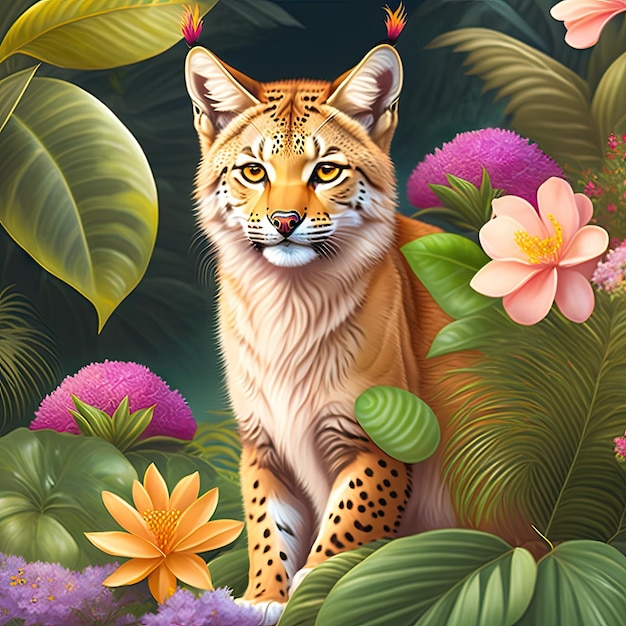 Leuke realistische lynx op tropische jungle vol exotische bloemen en bladeren