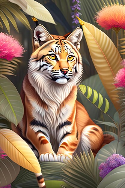 Leuke realistische lynx op tropische jungle vol exotische bloemen en bladeren