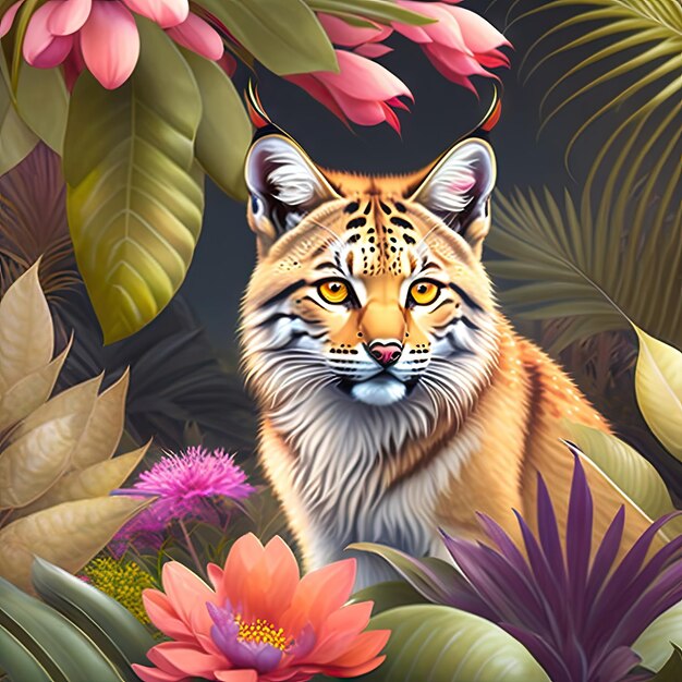 Leuke realistische lynx op tropische jungle vol exotische bloemen en bladeren