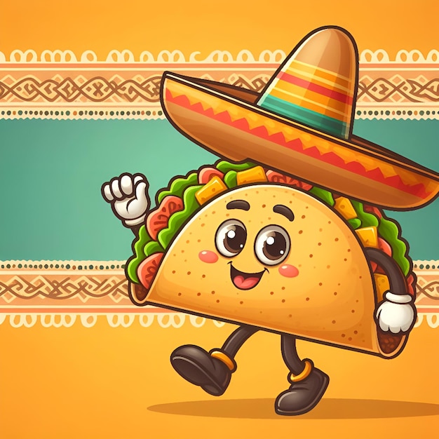 Foto leuke retro groovy mexicaanse taco personage met sombrero taco moustache mascot cartoon