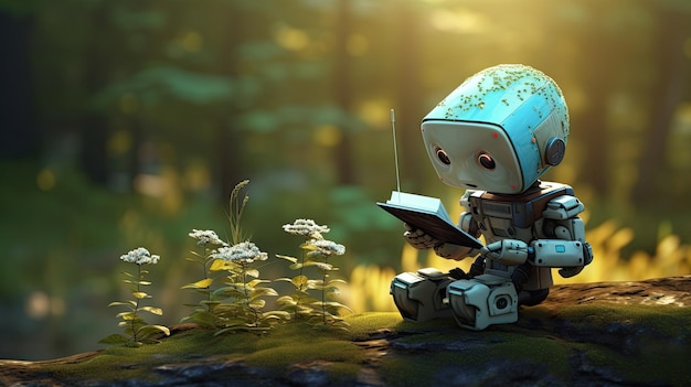 Leuke robot die een e-boek leest in het bos