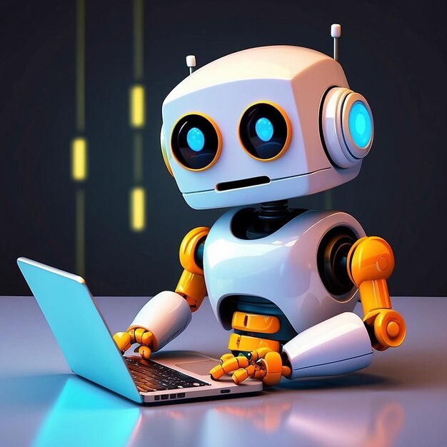 Leuke robot die telefoon houdt met laptop cartoon vector icoon illustratie wetenschap technologie geïsoleerd