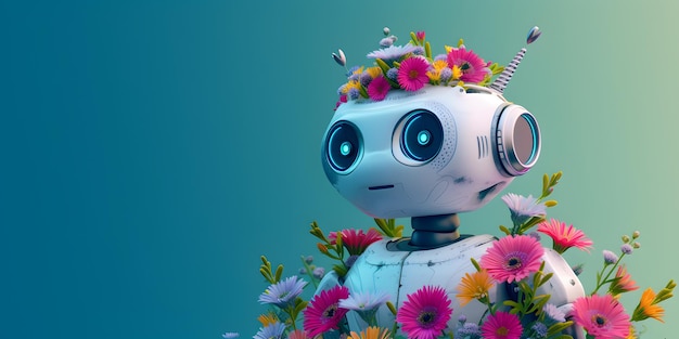 Leuke robot en kleurrijke bloemen Generatieve AI creatie concept