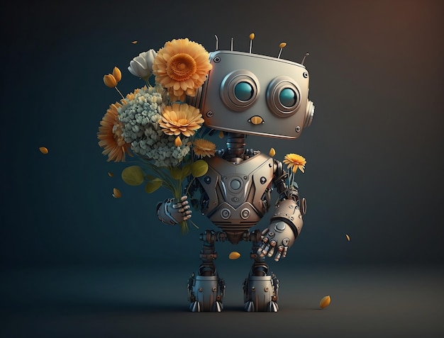 Leuke robot houdt boeket bloemen kopieer ruimte Grappige robot met lentebloemen generatieve ai