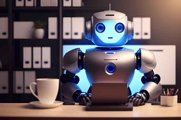 Leuke robot zakenman werkt op kantoor Concept idee van een bot assistent business helper