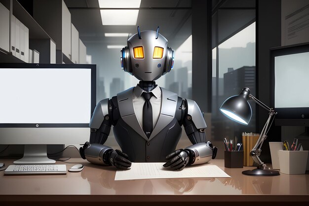 Leuke robot zakenman werkt op kantoor Concept idee van een bot assistent business helper