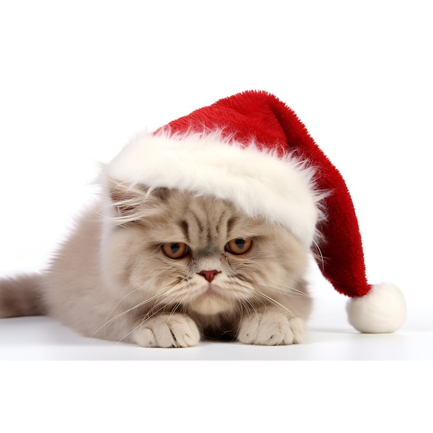 Leuke rode gele bleke kat in een kersthoed die geïsoleerd op een witte achtergrond zit