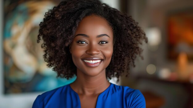 Leuke ronde Afro-vrouw met een glimlach in een kantoor in blauw gekleed Generative Ai