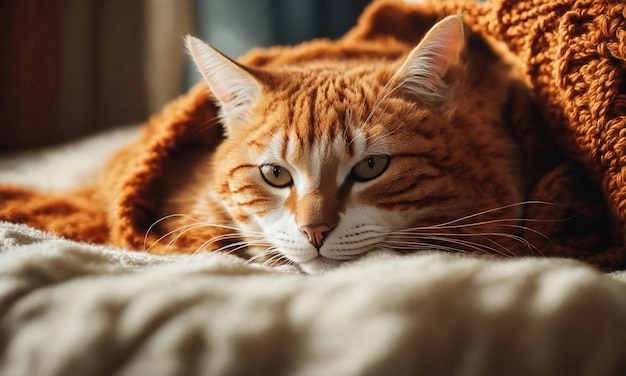 Leuke roodharige kat die op het bed ligt met een warme deken.