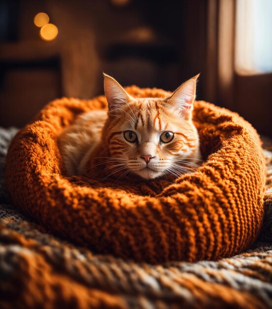 Leuke roodharige kat die op het bed ligt met een warme deken.