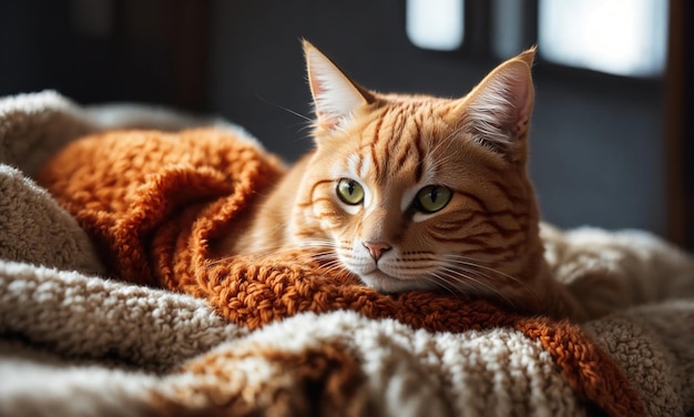 Leuke roodharige kat die op het bed ligt met een warme deken.