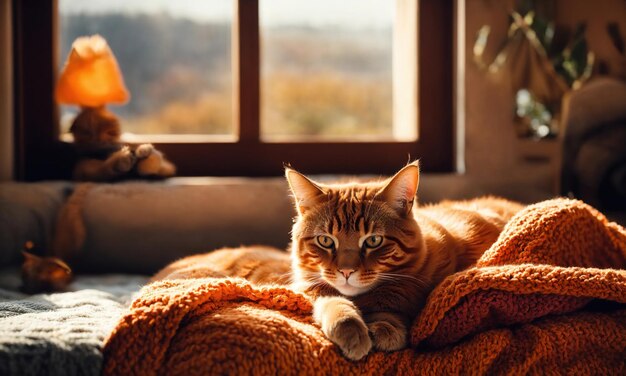 Leuke roodharige kat die op het bed ligt met een warme deken.