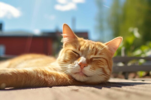 Leuke roodharige kat slaapt op een houten tafel in de zon.