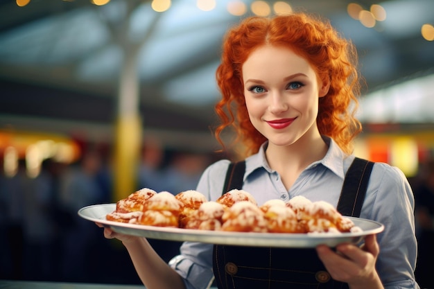 Leuke roodharige serveerster met een dienblad met snacks op Oktoberfest