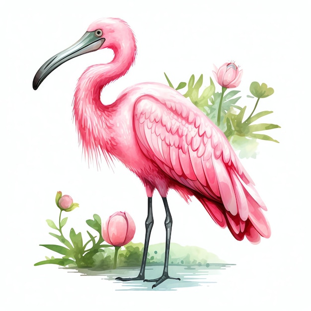 Leuke roze lepelbill met zijn roze verenkleed vogel waterverf illustratie clipart