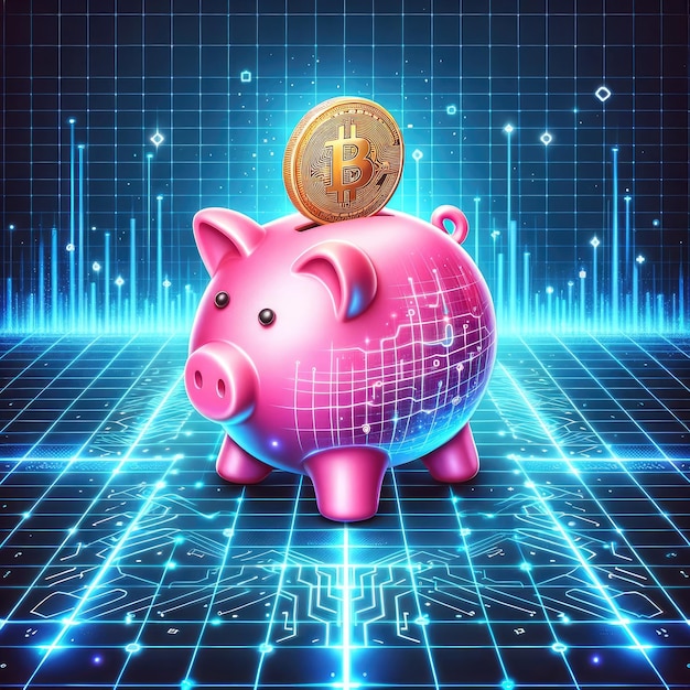 Leuke roze spaarpot op Electric Blue Digital Grid met Bitcoin-symbool