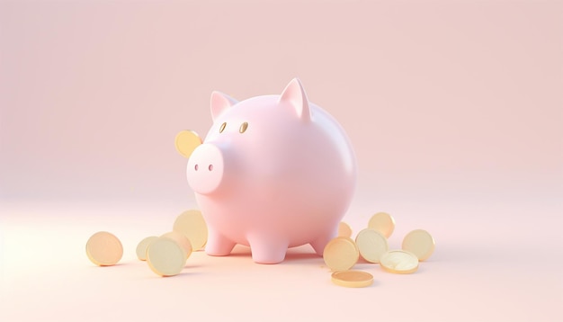 Leuke roze spaarvarken met gouden munten vliegen rond de spaarvarkens geïsoleerd op een pastelkleurige achtergrond