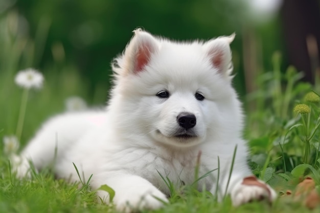 Leuke Samojeed puppy liggend op het gras in het park Ai gegenereerd