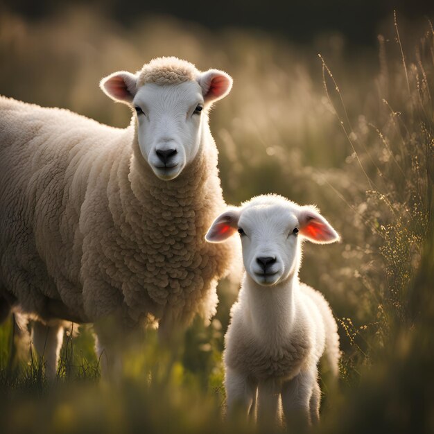 Foto leuke schapen grazen in de groene weide onder de gouden gloed van de zonsondergang.