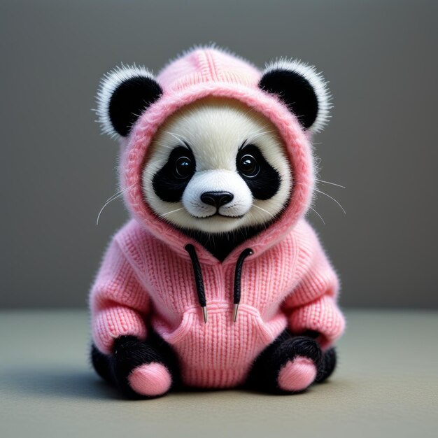 Foto leuke schattige panda jongen met een roze capuchon