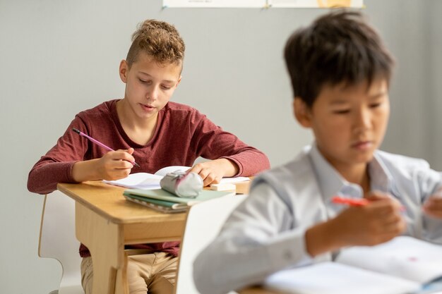 Leuke schooljongen die door zijn aantekeningen in het schrijfboek kijkt