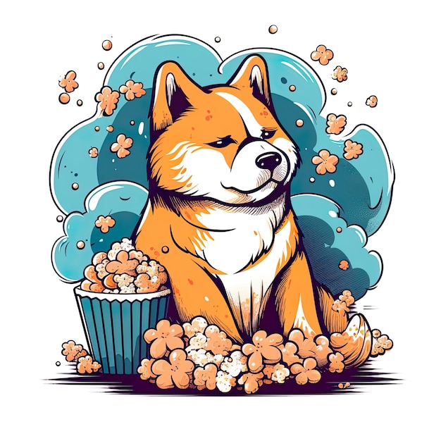 Leuke Shiba Inu-hond met illustratie van popcorn generatieve AI