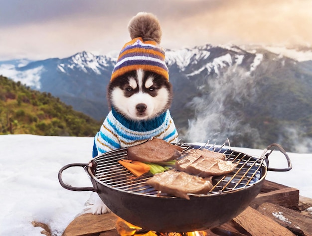 Foto leuke siberische husky boy grillen steaks op de snow mountain camping