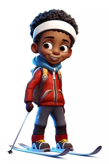 Leuke skier jongen gekleed in winterkleding cartoon personage